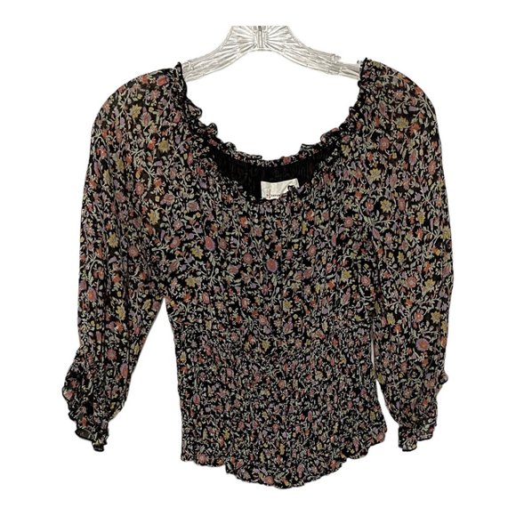 Anthropologie XS Smocked On Off Shoulder 3/4 Sleeve Ditsy Floral Print Blou… - Picture 2 of 6